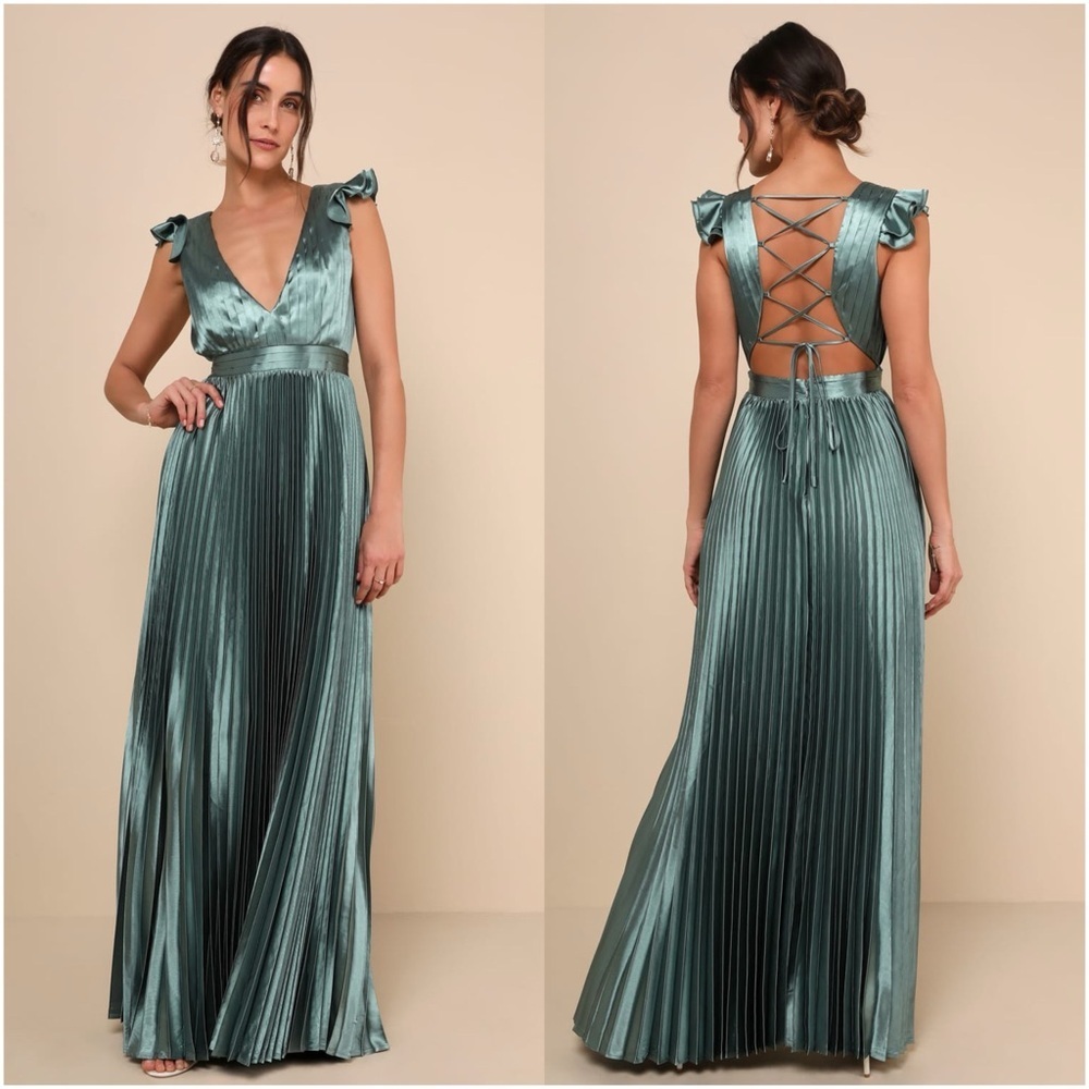 LULU’S Exceptional Drama Sage Green Satin Lace-Up Pleated Maxi Dress